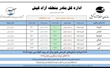 برنامه حرکت شناورهای مسافری جزیره کیش مورخ شنبه ۱۱ مردادماه ۱۴۰۴